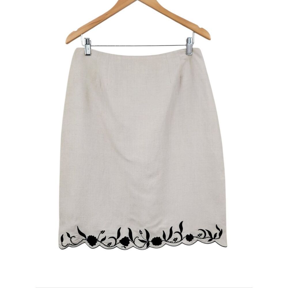 Vintage Linen Blend Beige Pencil Skirt Black Scalloped Embroidered Floral Hem